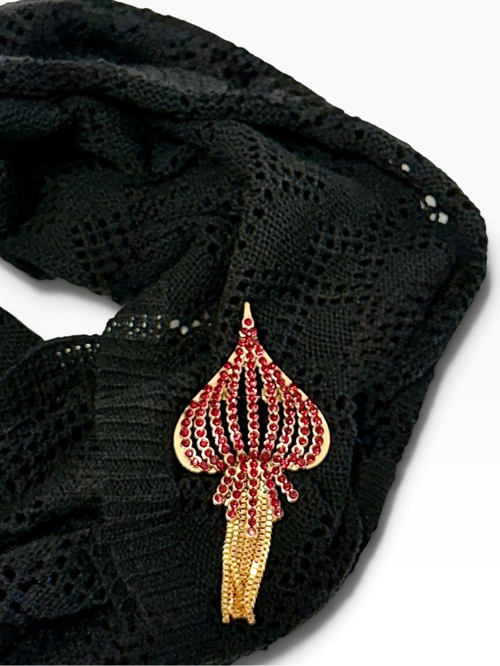 Red Rhinestone Spade Brooch | Gold Tone Chain Tassel Pin NWT
